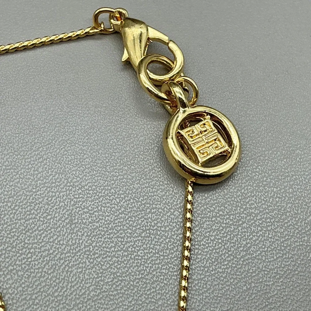 Vintage Givenchy Necklace Gold Tone Heart Faux Pearl Crystal Station 1980s 30